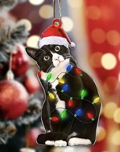 Lindas luces de hadas esmoquin gato colgante decoración Navidad plana 2D acrílico - Imagen 1 de 3