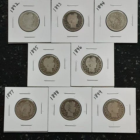 90% Silver Barber Liberty Head Quarters (lot of 8) 25c Coin 1892 thru 1899 Coins Cover