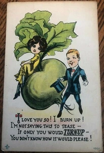 Humorvolle Liebe Romantik Postkarte Frau auf Rübe Mann bekennt sich zu seiner Liebe - Bild 1 von 2