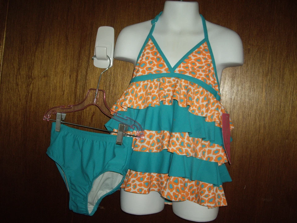 NUEVO CON ETIQUETAS Niñas Talla 6X Isobella & Chloe 2 piezas Tankini Bikini Traje de Baño Verde azulado Naranja Anima Foto 1 de 3