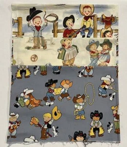 3 Fair Sized Remnants Cotton Fabric RETRO KIDS Westers Cowgirls & Boys Henry Mil - Picture 1 of 7