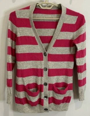 迈克高仕粉色灰色条纹100%羊绒毛衣口袋纽扣男友S — 第 1/4 张图片