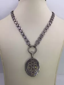 VICTORIAN BOOK CHAIN NECKLACE WITH FANCY LOCKET - STERLING /gold ENGLAND (S890) - Picture 1 of 19