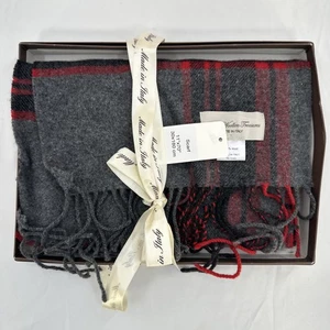 Italian Woollen Treasures Scarf Gray Red Plaid 100% Wool 11”x70” Fringe Boxed - Picture 1 of 7
