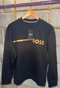 Boss Men's Black Cotton Gold Stripe 'BOSS' Sweatshirt - Picture 1 of 8