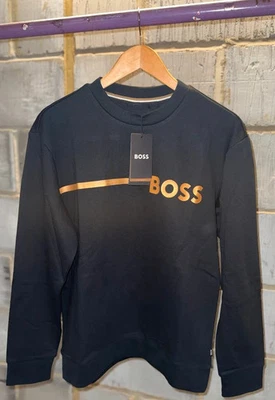 Boss Men's Black Cotton Gold Stripe 'BOSS' Sweatshirt - Image 1 of 4