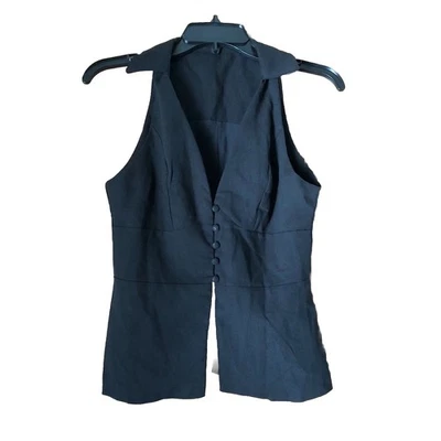 Chaleco Moderno Prep Cuello Botón Frontal Mezcla de Lino Mujer’s Mediano Negro Negocios Foto 1 de 4