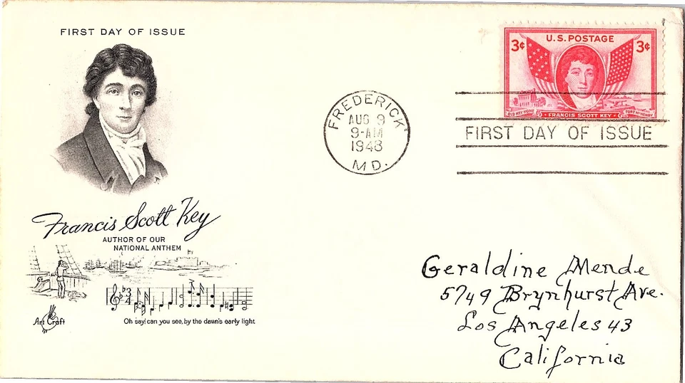 Francis Scott Key Father of the National Anthem Aug. 9, 1948 Mail Cover FDC - Image 1 of 1