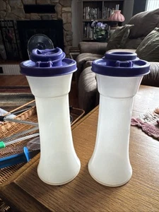 Tupperware 6” Sheer Salt & Pepper Shaker Set #718 Purple Flip Top Lids - Picture 1 of 5