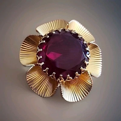 Large Vintage Brooch/Pin Gold Tone Flower Form With Purple Stone  - Image 1 of 4