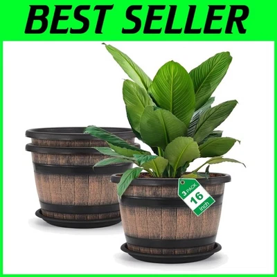 高品质 3 包 16 英寸花盆 - 棕色葡萄酒桶风格 — 第 1/4 张图片