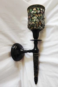 Black Emerald Gold Glass Mosaic Wall Decor Vintage Sconce/Candleholder Gothic - Picture 1 of 7