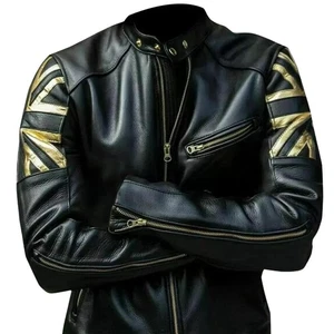 Mens Biker Black Vintage Motorcycle Cafe Racer UK Flag Union Jack Leather Jacket - Picture 1 of 4