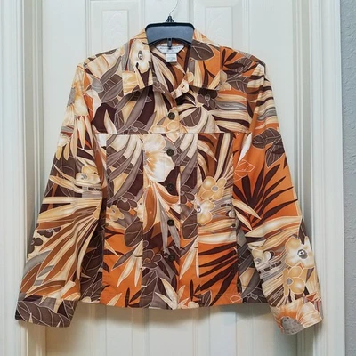 ALLISON DALEY Jacket Women’s 10P Orange Brown Floral Tropical Button Up - Image 1 of 4