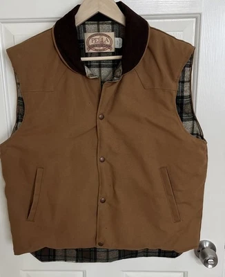 Men Canvas Brown Large Vest Flannel Lined Quilted Pella rugged outdoor clothing - Image 1 of 4