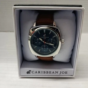 Caribbean Joe Watch Men 44mm Case Brown Band Blue Dial Silver Tone w/ Box - Picture 1 of 3