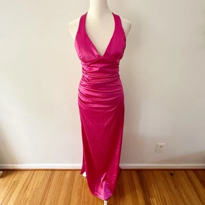 复古女式 Y2K 缎面娃娃绑带长裙粉色 Barbiecore 活动舞会 — 第 1/4 张图片