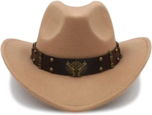 Beige Western Cowboy Cowgirl Hat, Revolver Gun Bullet Strap, Men Women Wide Brim - Picture 1 of 7