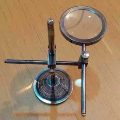 Nautical Antique Brass Magnifying Glass Adjustable Magnifier in Wooden Base Desk - Image 1 of 4