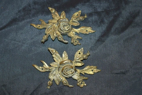 Antique Victorian Roses Ornate Brass? Decorative Fittings Plaques Hardware PAIR Cover
