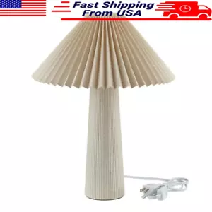 Ivory Pleated Fabric Shade Ribbed Ceramic Table Lamp Ambient Light Accent Decor - Picture 1 of 8