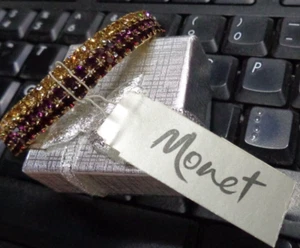 Joyería Patrimonial ~ Pulsera Elástica MONET Amarillo Púrpura Rojo Estrás 7.5" ~ Nueva de Lote Antiguo - Imagen 1 de 8