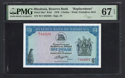 Rhodesia One Dollar 02-08-1979 P38a* Replacement Uncirculated Grade 67 - Image 1 of 2
