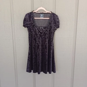Killstar Velvet Embossed Babydoll Mini Dress SZ XL Bow Ruffle Grunge Goth Black - Picture 1 of 17