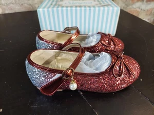 New Glitter Dress Shoes Toddler Girl Size 10 Red Silver Pearl Bow Flats W - Picture 1 of 6