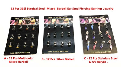 12 Pcs 316l Surgical Steel  Mixed  Barbell Ear Stud Piercing Earrings Jewelry - Image 1 of 3