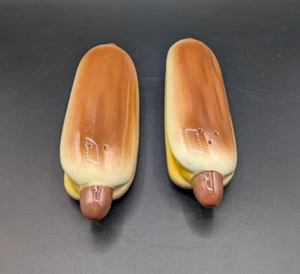 Novelty Hotdog and Bun Salt and Pepper Shaker Set with Mustard Ceramic 7.5" - Picture 1 of 6
