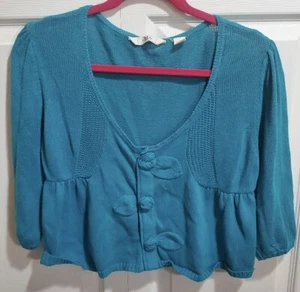 Anthropologie Lia Molly Aqua Blue Green Cropped Cardigan Sweater Size Medium - Picture 1 of 5
