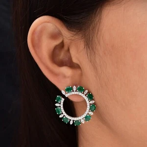 7.95 Tcw Zambian Emerald SI/H Diamond Hoop Earrings Gift 14k White Solid Gold - Picture 1 of 13