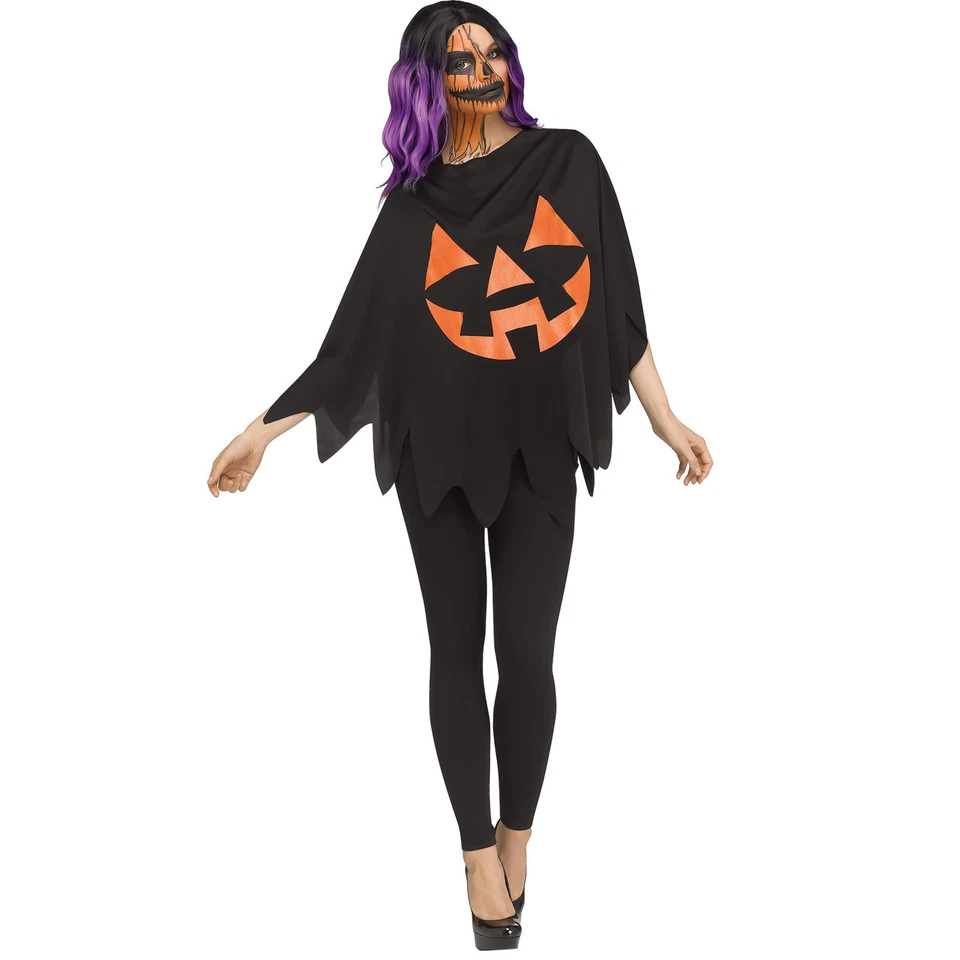 Womens Candy Corn Jack O'Lantern Pumpkin Poncho Cape Halloween Easy Costume - Image 1 of 1