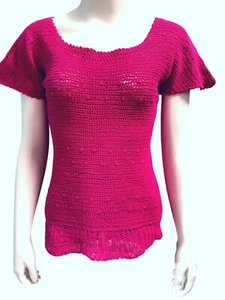 CCC Handmade Fuchsia Pink Crochet Knit Short Sleeve Sweater Size Medium - Picture 1 of 5