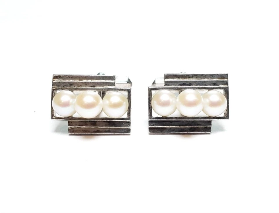 Mikimoto Pearl Cuff Links Akoya Pearls Vintage Mikimoto Silver - Image 1 of 3