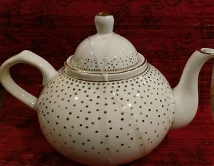 GRACE TEAWARE Teapot White Gold Dots Trim NEW - Picture 1 of 5