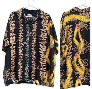 Vintage Hawaiano Originale Hilo Hattie Mamo Nero Tropicale Fondo Floreale Multicolore - Foto 1 di 12