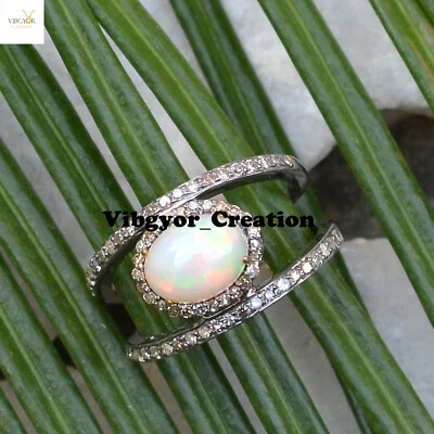 Anillo de ópalo de diamantes pavé natural 925 plata maciza piedras preciosas joyería regalo de cumpleaños Foto 1 de 4