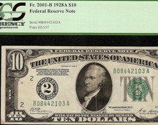 1928A $10 DOLLAR FEDERAL RESERVE NUMERICAL GOLD ON DEMAND NOTE Fr 2001-B PCGS