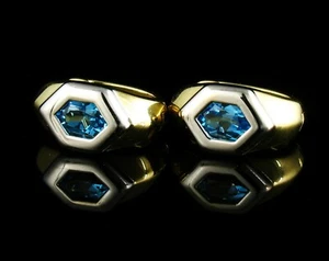 FINE HEXAGON CUT NATURAL 1.16ctw SWISS BLUE TOPAZ 14K GOLD HUGGIE HOOP EARRINGS - Picture 1 of 3