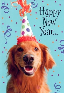 Funny HAPPY NEW YEAR Card, Cute Golden Retriever Dog Party Animal — Hallmark +✉ - Picture 1 of 5