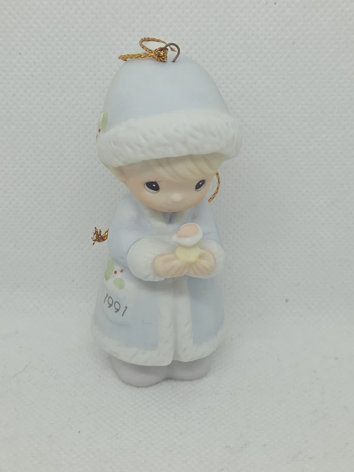 Figura Adorno Niña Precious Moments con Pájaro Que Tu Navidad sea Feliz 1991 Foto 1 de 4