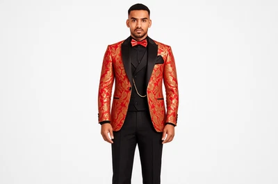 VINCI Men's Modern Fit 3-Piece Suit with Matching Bowtie Red Gold - Image 1 of 2