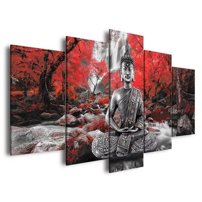 Arte de pared de Buda lienzo cascada pintura enmarcada 5 paneles para sala de estar decoración Foto 1 de 4