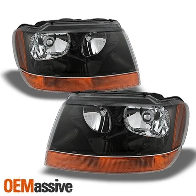 Ajuste 1999-2004 Jeep Grand Cherokee preto faróis lâmpadas esquerda + direita - Imagem 1 de 4