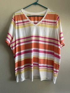 Lands' End Womens Size 2X Short Sleeve V-Neck Top Supima Cotton Striped T-Shirt - Picture 1 of 9