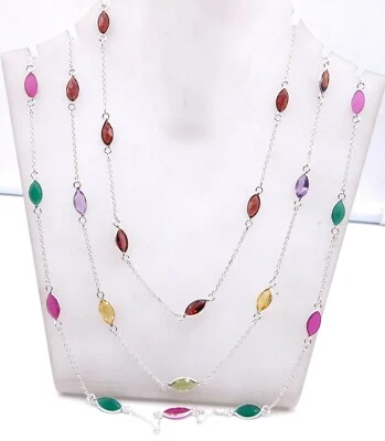 Collana Fine In Argento Sterling 925 Con Gemme Multicolori Meravigliose - Immagine 1 di 2