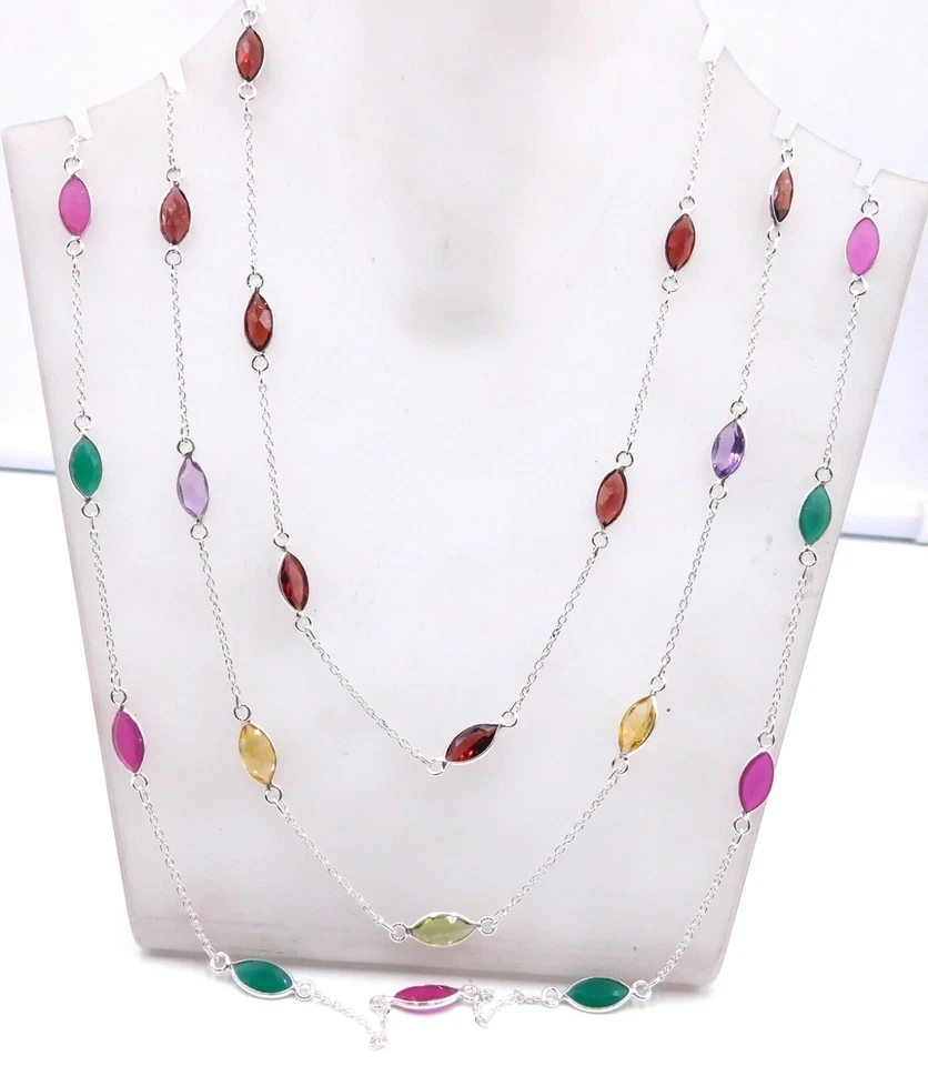 Collana Fine In Argento Sterling 925 Con Gemme Multicolori Meravigliose - Immagine 1 di 2