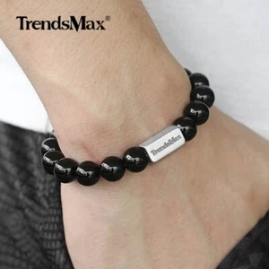 8mm 8" Black Onyx Beaded Bracelet Engraved Stainless Steel Charm Bangle Jewelry - Imagen 1 de 4